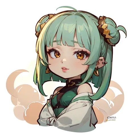 highres, masterpiece, perfect lighting, bloom, cinematic lighting, adult, female, looking at viewer, white background, simple background, (RSEEmma:1.5)<lora:RSERomantic_RSESofiko_RSEEmma-v1:0.3>, chibi, blunt bangs, green hair, twin buns, brown eyes, edgEarPiercing, ear piercing, earrings, full lips, smile, <lora:Uva:0.8> <lora:weight_slider_v2:1> <lora:edgEarP_LoRA:0.7> <lora:DarkCabalChibiStyle:1>