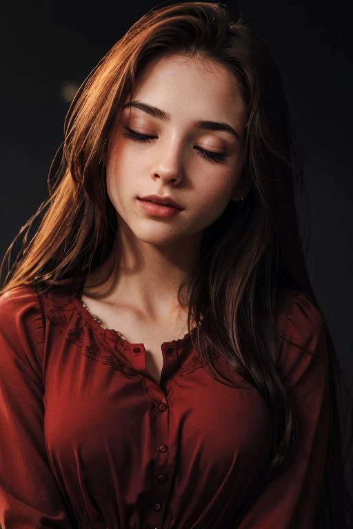 <lora:Olivia:.7>, simple background, dark background, upper body, at front, portrait, <lora:GoodHands-vanilla:0.8> better_oppai, Rose Red blouse, long hair
A serene expression with closed eyes, the lips forming a gentle curve, embodying inner peace.