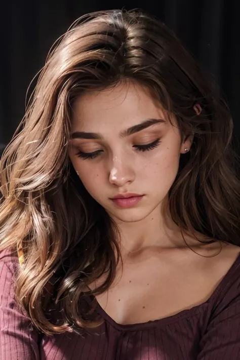 <lora:Magnolia:.7>, simple background, dark background, upper body, at front, portrait, <lora:GoodHands-vanilla:0.8> better_oppai, Deep Pink blouse, long hair
Lips pressed together in a firm line, with closed eyes, projecting an air of stern determination.
