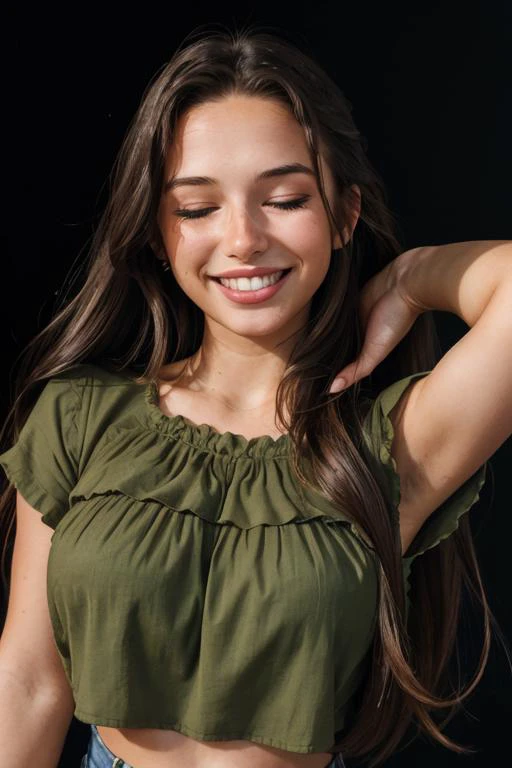 <lora:Jasmine:.7>, simple background, dark background, upper body, at front, portrait, <lora:GoodHands-vanilla:0.8> better_oppai, Girl Scout Green blouse, long hair
Lips curved into a joyful smile, with closed eyes and a subtle, blissful sigh.