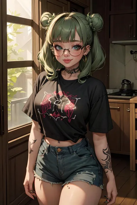 highres, masterpiece, perfect lighting, bloom, cinematic lighting, adult, female, looking at viewer, cowboy shot, (RSEEmma:1.5)<lora:RSERomantic_RSESofiko_RSEEmma-v1:0.3>, blunt bangs, black hair:green hair, twin buns, glasses, punk, jean shorts, (piercings, tattoo), full lips, :), smile, <lora:Uva:0.8> <lora:weight_slider_v2:1>, <lora:punk_v0.2:0.8>