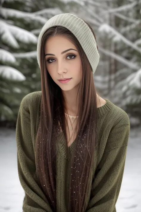 Masterpiece, close up headshot, best quality, ((outside in a winter forest)), ((heavy snow)), photorealism, photorealistic, BREAK
wearing a ((green sweater)) and skinny jeans, fur earmuffs, BREAK
small breasts, makeup, long straight hair, pale skin, fair skin, white skin, BREAK
<lora:MH2.0:1>