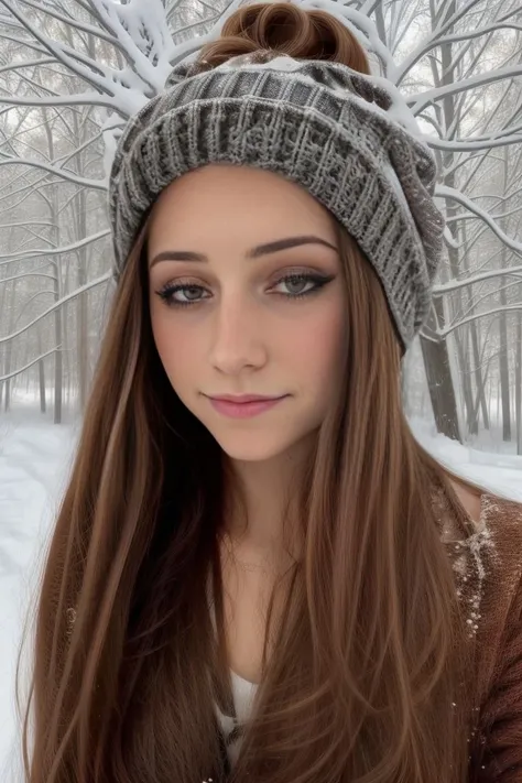Masterpiece, close up headshot, best quality, ((outside in a winter forest)), ((heavy snow)), photorealism, photorealistic, BREAK
colorful, wearing a shoulder sweater and skinny jeans, (stocking cap), BREAK
small breasts, makeup, long straight hair, pale skin, fair skin, white skin, (makeup) BREAK
 <lora:MH2.0:1>