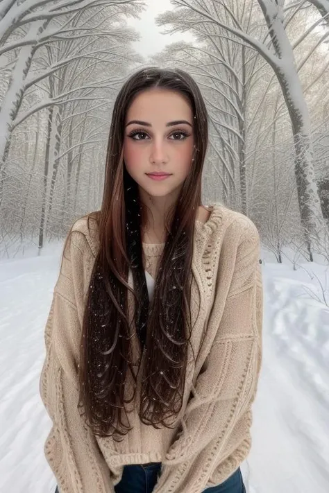 Masterpiece, close up headshot, best quality, ((outside in a winter forest)), ((heavy snow)), photorealism, photorealistic, BREAK
colorful, wearing a sweater and skinny jeans, BREAK
small breasts, makeup, long straight hair, pale skin, fair skin, white skin, BREAK
<lora:MH2.0:1>