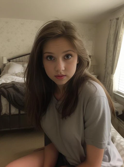 <lora:Audrey:1> woman wearing a ((oversized t-shirt)), , messy hair, brunette hair, gray blue eyes, long hair, hyper realistic, 4k, medium breasts, masterpiece, beautiful, facing the viewer, headshot, cleavage, pale skin, fair skin, ((nasolabial folds)), skin colored lipstick, DSLR RAW PHOTO, 8K, POV, canon 5d, 85mm, ((bedroom, early morning, sitting on a bed))