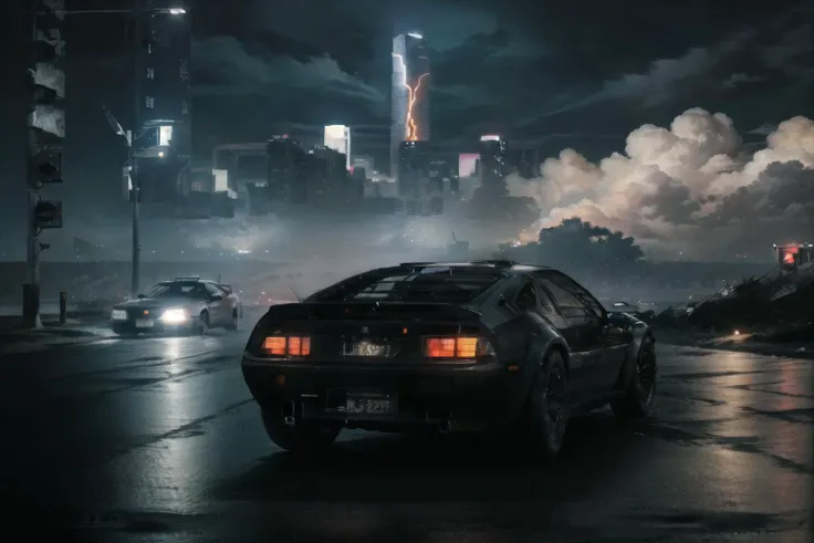 (masterpiece, 4k ,ultra detailed, masterpiece cyberpunk neon car design, :1.2),(realistic:1), illustration, (photorealistic:1), (fisheye:1.1), (panorama:1.1),(from side:1.2), (simple background:1.4), (outdoor,highway,night,cyberpunk,neon,fog,rain,new york,manhattan,reflection,river:1.2), (skyscraper,cityscape:1.4),(lookout:1.3), (retrowave:1), (1 Retro car moving fast on a hillside road, car focus, Electric Energy in car wheels:1.4), Rocket Engine Booster on Back of Car, (Moving, Speed effect, Very fast Movement camera effect, lightspeed movement blur:1.2), raining, from behind car, (1 solo large tornado in far distance, destroying city,:1), Japanese Kanji car license plate,
(Movement, ChromaticAberration, red shift effect:1.2), <lora:80'sFusion:.2>, <lora:Blade Runner v.2.2:.3>, <lora:STYLE_flat2:.2>, <lora:retrowave_0.12:.4>, <lora:CAR_Modern_Cars:.3>, <lora:dmc12:.5>,Armored cyberpunk car, Neon Lights, (Cyberpunk rockets shooting out of car:1), <lora:tornado:.4>,( large fiery bomb explosion in distance, fighter jets in sky)