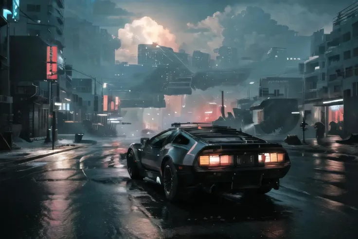 (masterpiece, 4k ,ultra detailed, masterpiece cyberpunk neon car design, :1.2),(realistic:1), illustration, (photorealistic:1), (fisheye:1.1), (panorama:1.1),(from side:1.2), (simple background:1.4), (outdoor,highway,night,cyberpunk,neon,fog,rain,new york,manhattan,reflection,river:1.2), (skyscraper,cityscape:1.4),(lookout:1.3), (retrowave:1), (1 Retro car moving fast on a hillside road, car focus, Electric Energy in car wheels:1.4), Rocket Engine Booster on Back of Car, (Moving, Speed effect, Very fast Movement camera effect, lightspeed movement blur:1.2), raining, from behind car, ((cyberpunk tech samurai next to car, neon accents to tech, giant skeleton monster in distance as big as skyscrapers)),(1 solo large tornado in far distance, destroying city,:1), Japanese Kanji car license plate,
(Movement, ChromaticAberration, red shift effect:1.2), <lora:80'sFusion:.2>, <lora:Blade Runner v.2.2:.3>, <lora:STYLE_flat2:.2>, <lora:retrowave_0.12:.4>, <lora:CAR_Modern_Cars:.3>, <lora:dmc12:.5>,Armored cyberpunk car, Neon Lights, (Cyberpunk rockets shooting out of car:1), <lora:tornado:.4>,( large fiery bombs explosions in distance, fighter jets in sky, large long ballistic missles close to camera in air:1), flooded city.