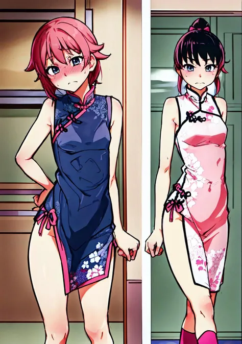 <lora:Hentai-PisuHameV1:1.0>, masterpiece, best quality, 1woman, covering_mouth (embarrassed), grimace, shredded elegant girl, medium hair, Bubblegum Pink hair, hair, Gunmetal Gray eyes, wearing china dress (cheongsam/qipao) and hanbok, small breasts, short
