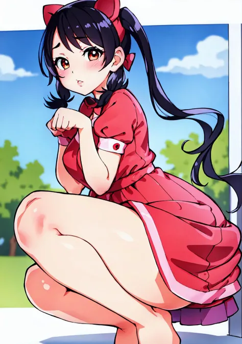 sfw,  <lora:Hentai-PisuHameV1:0.8>, masterpiece, best quality, puffy lips, red cheeks,  cute dress, paw_pose, pigtails, black hair