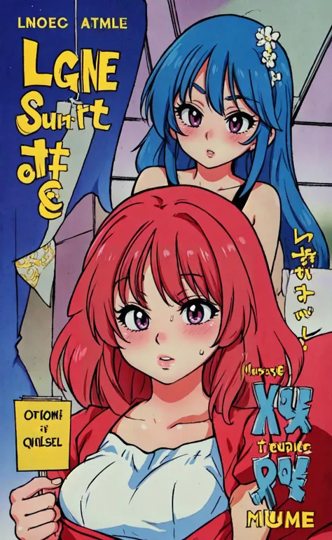 masterpiece,best quality,in the style of <lora:Manga_ShiwasuNoOkina:0.8>, anime, 2girls, colored hair, title page, (big colored text), romance , romance scene