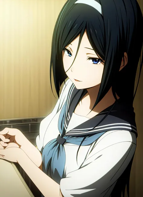 (masterpiece),best quality,Amazing,finely detail.Depth of field,beautiful detailed eyes,<lora:fuyumi:0.8>, fuyumi,1girl,front_view,cowboy shot, looking at viewer, blue background, white_hairband,kamiyama high school uniform \(hyouka\),
