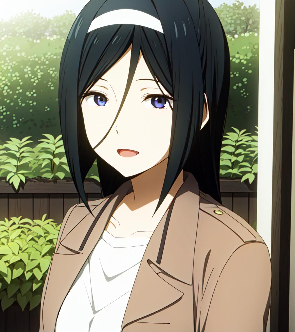 Anime girl with black hair and blue eyes standing in front of a fence ...