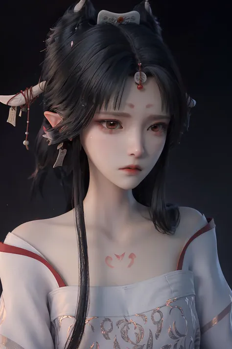 <lora:sanweihu:1>,sanweihu,1girl,solo,black hair,simple background,long hair,portrait,hair ornament,looking at viewer,pointy ears,horns,closed mouth,forehead mark,red eyes,lips,bangs,collarbone,brown eyes,bare shoulders,facial mark,hair stick,(black background:1.4),disappointed,despair,frustrated_brow,streaming_tears,teardrop,tearing_up,tears,badmood,sad,, best quality , masterpiece, illustration, an extremely delicate and beautiful, extremely detailed ,CG,unity,8k wallpaper, Amazing, finely detail, masterpiece, best quality,official art,extremely detailed CG unity 8k wallpaper,absurdres, incredibly absurdres, huge filesize , ultra-detailed, highres, extremely detailed,beautiful detailed girl, extremely detailed eyes and face, beautiful detailed eyes,light on face,