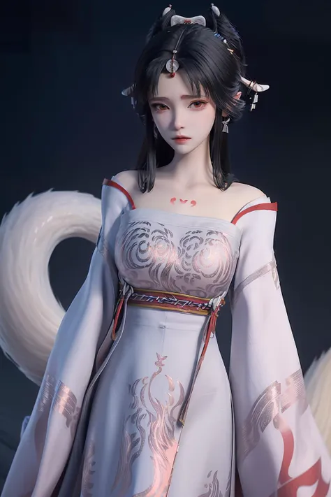 <lora:sanweihu:1>,sanweihu,1girl,solo,long hair,white background,hair ornament,chinese clothes,arms at sides,black hair,tail,multiple tails,fox tail,jewelry,dress,simple background,long sleeves,earrings,hanfu,forehead mark,sash,white dress,hair stick,, best quality , masterpiece, illustration, an extremely delicate and beautiful, extremely detailed ,CG,unity,8k wallpaper, Amazing, finely detail, masterpiece, best quality,official art,extremely detailed CG unity 8k wallpaper,absurdres, incredibly absurdres, huge filesize , ultra-detailed, highres, extremely detailed,beautiful detailed girl, extremely detailed eyes and face, beautiful detailed eyes,light on face,