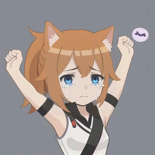 master,chief (twitch emote:1.4),1girl,orange hair,cat ears,sad,crying sad face,cartoon,chibi,<lora:TwitchEmotes:0.8>,<lora:childe-10:0.4>,blue eyes,water,<lora:add_detail:-1>,high ponytail,simple background,arms up