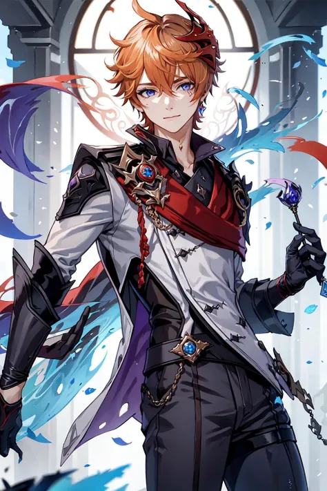 ,(masterpiece), (highres), 1boy, black gloves, blue eyes, candy, candy wrapper, closed mouth, crossed bangs, delusion (genshin impact), diamond facial mark, earrings, facial mark, food, framed, gloves, grey jacket, hair between eyes, holding, holding candy, holding food, jacket, jewelry, light smile, looking at viewer, male focus, mask, mask on head, orange hair, ornate border, portrait, purple background, red mask, short hair, solo, <lora:childe-10:0.7>