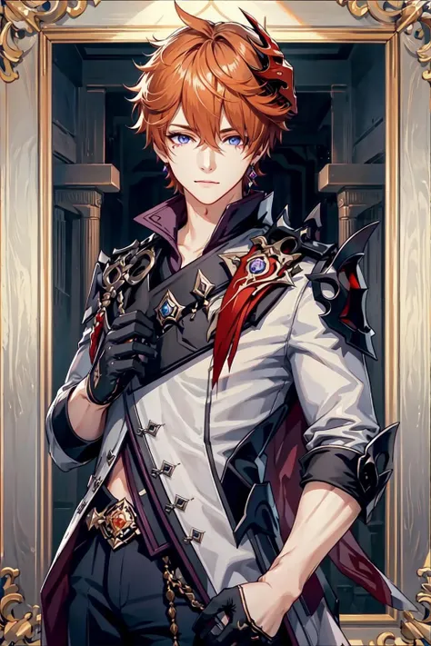 (masterpiece), (highres), 1boy, black gloves, blue eyes, closed mouth, crossed bangs, delusion (genshin impact), diamond facial mark, earrings, facial mark, framed, gloves, grey jacket, hair between eyes, jacket, jewelry, light smile, looking at viewer, male focus, mask, mask on head, orange hair, ornate border, portrait, purple background, red mask, short hair, solo,  <lora:childe-10:0.7>