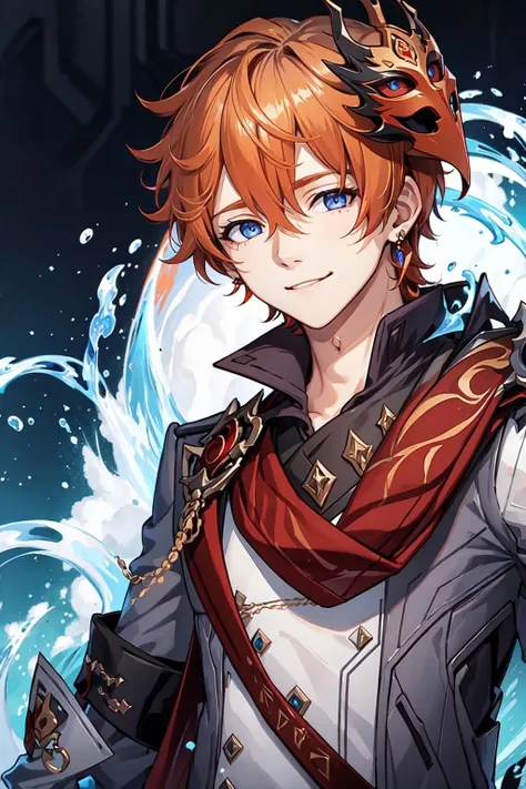 (masterpiece), (highres), childe, solo, looking at viewer, smile, blue eyes, simple background, 1boy, hair between eyes, jewelry, closed mouth, jacket, upper body, male focus, earrings, water, scarf, orange hair, mask, black background, single earring, mask on head, red mask, <lora:childe-10:0.7>
