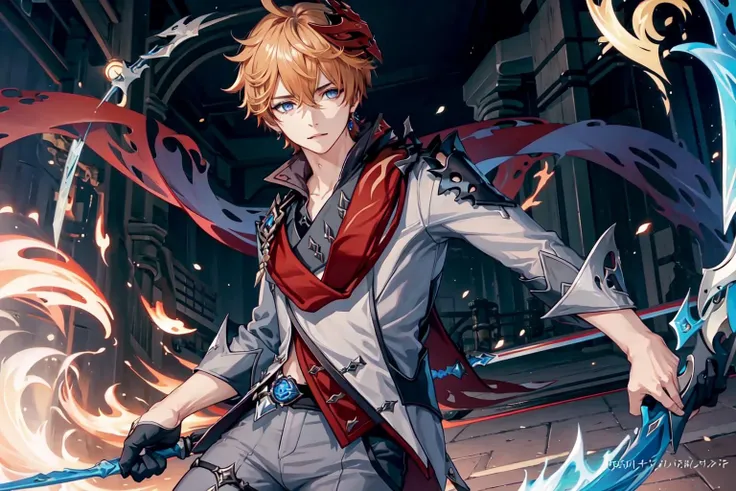 (masterpiece), (highres), childe, solo, looking at viewer, short hair, blue eyes, shirt, gloves, 1boy, holding, hair between eyes, jewelry, closed mouth, jacket, weapon, male focus, earrings, black gloves, pants, water, scarf, holding weapon, orange hair, mask, single earring, red scarf, bow (weapon), water drop, grey jacket, vision (genshin impact), mask on head, half gloves, grey pants, holding bow (weapon), red mask, <lora:childe-10:0.7>