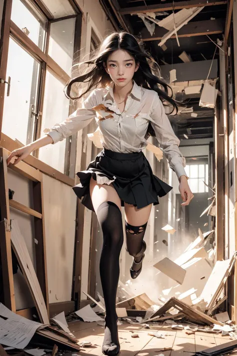 1girl,solo,serious,v-shaped eyebrows,sweat,sweatdrop,clenched teeth,
black hair,long hair,
BREAK
<lora:escapeSchool:0.45>,school,debris,fleeing,collapse,indoors,(running:1.1),(hallway,school hallway),<lora:GoodHands-beta2:1>,<lora:add_detail:0.1>,(from_below:1.3),pureerosface_v1,stiletto heels,(torn clothes,torn thighhighs,torn shirt,torn panties,torn dress,torn skirt:1.4),(bottomless),people,crowd,nsfw,, ultra wide angle shot,cinematic style,8k,RAW photo,photo-realistic,masterpiece,best quality,highres,extremely detailed,intricate details,absurdres resolution,High quality texture,detailed texture,colorful,professional lighting,radiosity,photon mapping,physically-based rendering,High quality shadow,Ray tracing,perfect body,perfect face,hdr,slim long legs,perfect hands,perfect feet