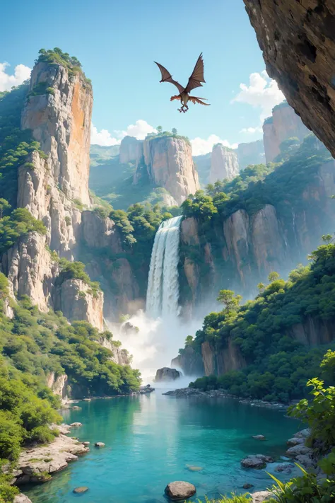 Realistic the biggest majestic water falls on planet Mars, captured in a detailed, hyper-realistic style. The water rushes with awesome power, creating a mist of water that rises from the bottom. The colors are vibrant and natural, with the blue of the water contrasting with the green of the surrounding vegetation. In the sky, a flying dinosaur, perhaps a Pterodactyl, glides gracefully, adding a touch of fantasy to the scene. The lighting is natural, with the sun shining from above, creating reflections on the water and dynamic shadows. The composition is done with a high resolution 16k camera, using a wide angle lens to capture the immensity of the falls and the dinosaur in the sky. --ar 16:9 --v 5.1 --style raw --q 2 --s 750