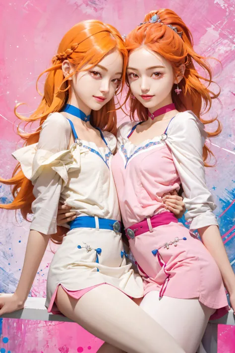 (top quality,8k wallpaper),(masterpiece,best quality:1.2),(high_resolution:1.2),(ultra details:1.2),extreme quality,sharp focus,
(bright colors),(vivid color:1.6),
<lora:mahoushoujo_cpt_v01:1>,((mahoushoujo:1.3),pink and orange theme),bright hair color,holding magical staff,
((2girls:2.0),multiple girls,14yo),(girls side by side,(hug:0.6)),(girls love,yuri),detailed shining eyes,(exaggerated pink eyeshadow:1.2),(red eyeliner:1.2),
very cute face,very long hair,french braid,bangs,hair ribbon,
Hair fluttering in the strong wind,
small breasts,(very skinny legs:1.6),(tight clothes:1.3),sleeveless dress,ackless dress,frilled choker,high-waist miniskirt,((extreme short miniskirt),(cameltoe:1.2)),
naughty smile, light smile,puffy nipples, nipple slip,off shoulder slip,
,
BREAK,
(pink long hair),pink ribbon,pink and white striped pantyhose,
,
BREAK,
(orange bob hair),orange ribbon,orange and white striped pantyhose,
,
BREAK,
,
night cityscape,on top of the building,((energy beam light particles from magical staff)),heart shape light particles explosion,star light,night sky,
(abstract pink light particles background:1.6),(white background:1.0),
cinematic light,
extreme long shot,extreme wide shot,from front,(faceclose-up:1.4),focus on face,(zooming in:1.5),(looking at viewer),(fisheye:1.3),
