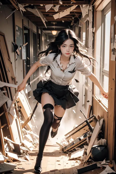 1girl,solo,serious,v-shaped eyebrows,sweat,sweatdrop,clenched teeth,
black hair,long hair,
BREAK
<lora:escapeSchool:0.45>,school,debris,fleeing,collapse,indoors,(running:1.1),(hallway,school hallway),<lora:GoodHands-beta2:1>,<lora:add_detail:0.1>,(from_below:1.3),pureerosface_v1,stiletto heels,(torn clothes,torn thighhighs,torn shirt,torn panties,torn dress,torn skirt:1.4),(bottomless),people,crowd,nsfw,, ultra wide angle shot,cinematic style,8k,RAW photo,photo-realistic,masterpiece,best quality,highres,extremely detailed,intricate details,absurdres resolution,High quality texture,detailed texture,colorful,professional lighting,radiosity,photon mapping,physically-based rendering,High quality shadow,Ray tracing,perfect body,perfect face,hdr,slim long legs,perfect hands,perfect feet