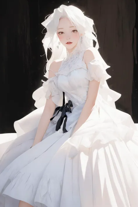 A close up of a woman in a white dress sitting on a bench - SeaArt AI