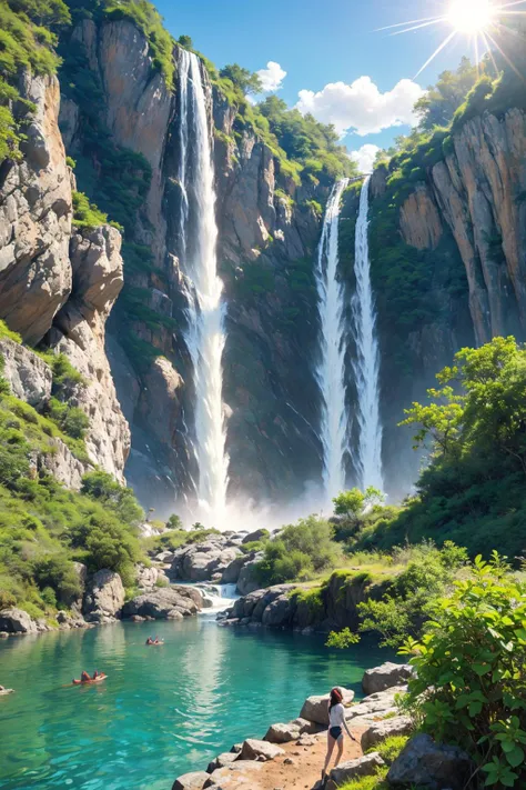 Realistic the biggest majestic water falls on planet Mars, captured in a detailed, hyper-realistic style. The water rushes with awesome power, creating a mist of water that rises from the bottom. The colors are vibrant and natural, with the blue of the water contrasting with the green of the surrounding vegetation. In the sky, a flying dinosaur, perhaps a Pterodactyl, glides gracefully, adding a touch of fantasy to the scene. The lighting is natural, with the sun shining from above, creating reflections on the water and dynamic shadows. The composition is done with a high resolution 16k camera, using a wide angle lens to capture the immensity of the falls and the dinosaur in the sky. --ar 16:9 --v 5.1 --style raw --q 2 --s 750