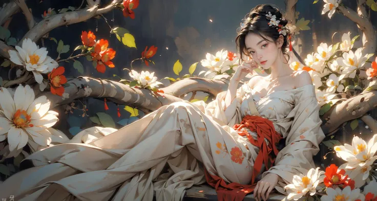(1girl:1.4), solo,((nude:1)),(((small breasts:1))), ((Hibiscus:1)), (Glowing ambiance, enchanting radiance, luminous lighting, ethereal atmosphere, mesmerizing glow, evocative hues, captivating coloration, dramatic lighting, enchanting aura), (a woman sitting at a desk writing on a piece of paper, palace, (boobs naked:0.85),melanchonic soft light, wet dripping long hair, still from a live action movie, streaming on twitch, photorealistic faces, with a long red, connectedness, very very elegant, sadan vague, white facepaint), ink painting, ((moon:1)), (masterpiece, top quality, best quality, official art, beautiful and aesthetic:1.2), extreme detailed, (chinese style:1.2),(concretism:1.2),theater dance scene,(hypermaximalistic:1.5),colorful,highest detailed,<lora:anxiang:0.55>,