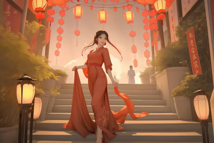 -Hanama wine,
On this festive evening,the red lanterns in the courtyard sway in the wind,and the Asian woman,she has beautiful big eyes,dressed in a long,ardent red dress,gently swings in the surroundings of the lanterns. Her steps seem to match the rising rhythm of the lanterns,like a dance in the sky. Emotion fills the air,blending in with the surrounding scenery.,
<lora:Hanama wine V2-000018:0.8>,