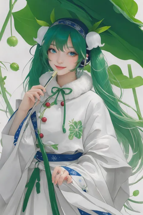 mksks style, detailed, extremely detailed, masterpiece, best quality, illustration, intricate details, sidelighting, highres, yuki miku 2015,
1girl, solo, lily of the valley, snowflake print, smile, long hair, capelet, twintails, flower, white background, very long hair, fur trim, looking at viewer, headset, dress, green hair, hairband, white dress, white capelet, blue eyes, simple background, fur-trimmed capelet, ahoge, hair ornament, long sleeves, wide sleeves, leaf umbrella, ribbon, neck ribbon, wide sleeves, ainu clothes, chinese commentary, cherry, fur-trimmed capelet ,snowy field,
<lora:yuki_miku_2015:0.8> <lora:bingril:0.3> bingirl
