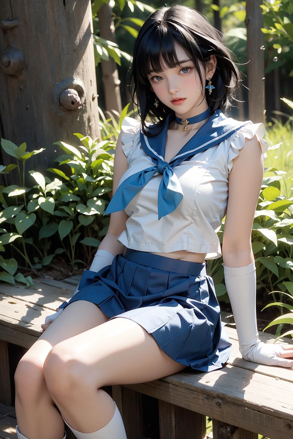 (masterpiece, best quality, natural skin), huge breasts, <lora:sailormercury-lora-nochekaiser:0.7>, sailor senshi uniform, sailor mercury, blue eyes, blue hair, short hair, (parted bangs:1.5), white gloves, elbow gloves, jewelry, earrings, blue sailor collar, choker, blue choker, bow, blue skirt, knee boots, outdoors, nature, forest, cloud, sky, sun, looking at viewer,