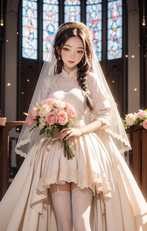 masterpiece,best_quality,ultra-detailed,illustration,art nouveau,
thicc girl,lace,bow,ribbon,hair bow,((single braid)),high heels,Church,thigh highs,pink,cute,glittering gold,shallow depth of field,lifting skirt,wedding dress,bride,bouquet,