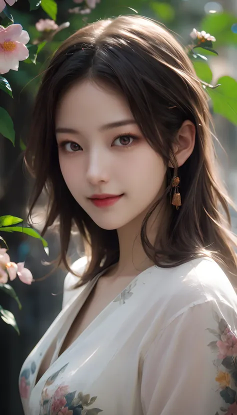 nsfw,masterpiece,best quality,cinematic style,wallpaper,photo-realistic,Cinematic Lighting,incredibly absurdres,extremely detailed,physically-based rendering,High quality texture,Ray tracing,dynamic_angle,cinematic_angle,fashion photography portrait of Chinese Girl with Light hair,lots of flowers,in good-looking world of flowers,symetrical,octane render,35mm,bokeh,hdr,(natural skin texture, hyperrealism, soft light, sharp:1.2),sunlight passing through foliage,smile,