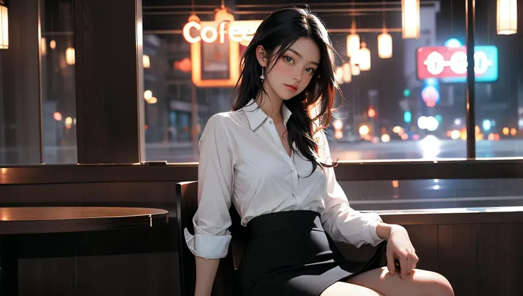 (masterpiece, high quality), cowboy shot, looking at viewer,
1girl, sitting on a chair, hand on hair, nape,
soft smile, flirting, pencil skirt, tight button-up shirt,
in coffeeshop, late night,neon lights, blurry background, rain,
soft black, deep shadow, soothing tones,
<lora:GoodHands-beta2:1>
