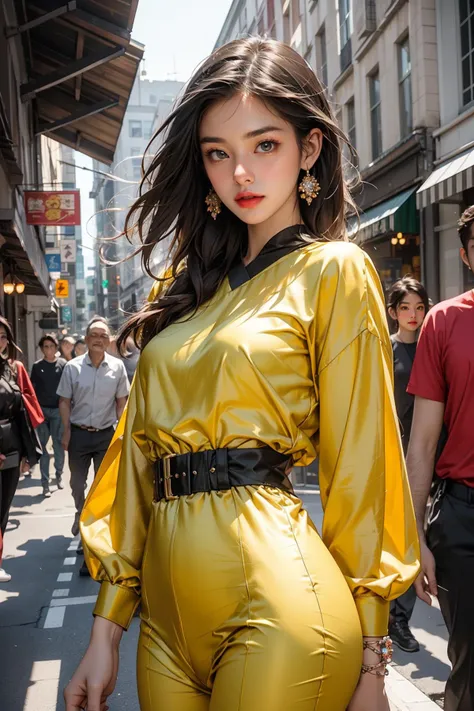 1girl, cowboy shot, East Asian, Oval face shape, Affection, looking at viewer, Emerald eyes, Ginger Slicked-back hair, Thin, large breasts, Goldenrod Terry cloth Silk blouse, Dark yellow Georgette Trousers, Espadrilles, Bracelet ,, nice hands, perfect hands, high detail skin, real skin, skin texture, A serene lake of crystal-clear water reflecting the colors of the heavenly sky, Fast Autofocus, f/1.4, Shutter Speed 1 sec, ISO12800, White Balance Cloudy, Exposure Compensation  "-2.0 EV", Aperture Priority Shooting Mode, Leading Lines, focus Mode Single, Partial Metering, Crystalline Clarity,  <lora:GoodHands-beta2:1> <lora:more_details:0.3>