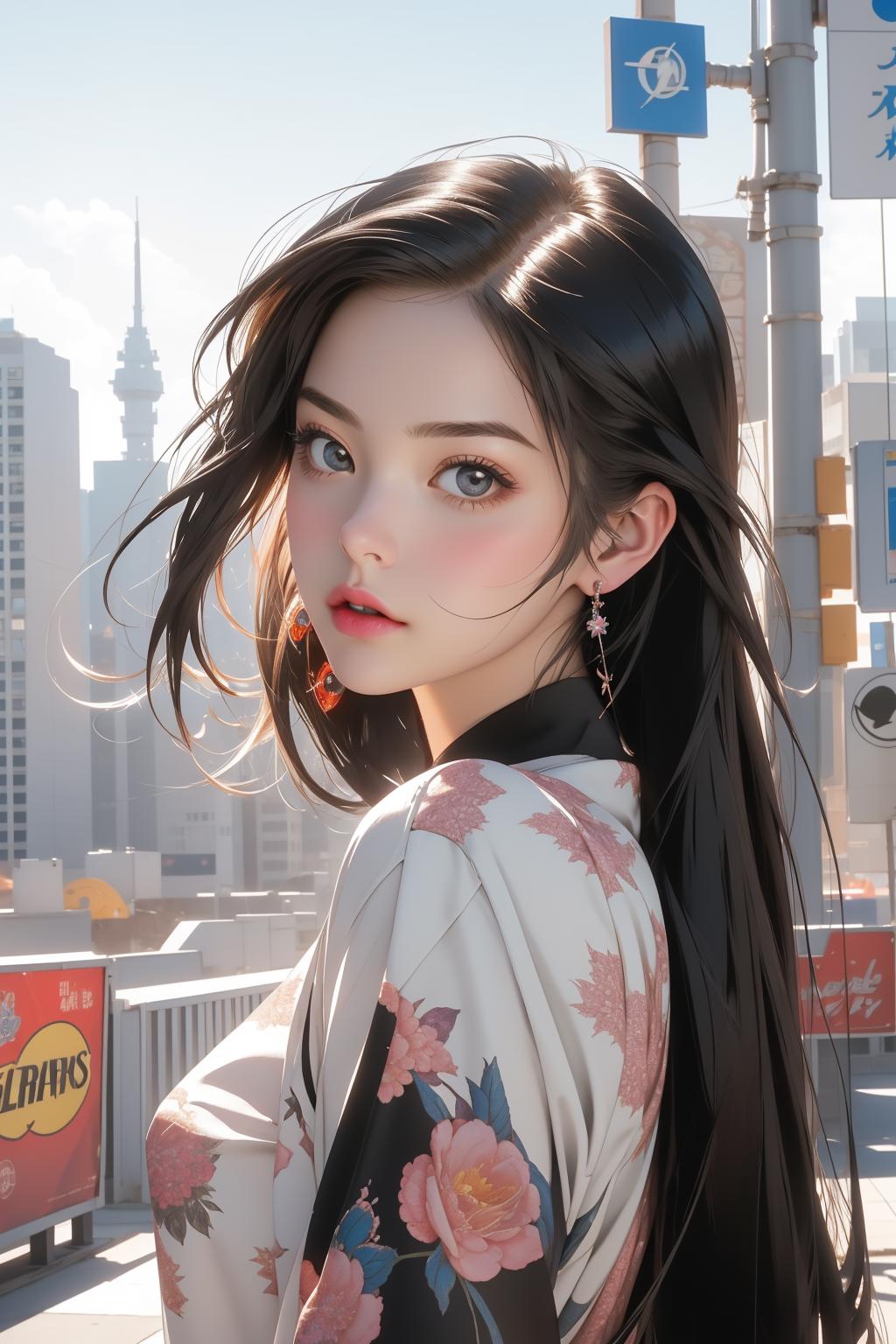 A woman with long hair and a floral shirt standing on a bridge - SeaArt AI