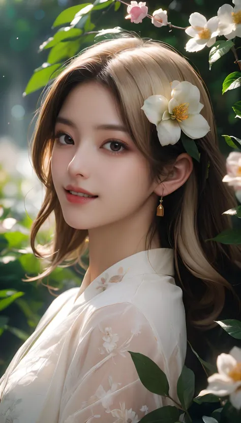 nsfw,masterpiece,best quality,cinematic style,wallpaper,photo-realistic,Cinematic Lighting,incredibly absurdres,extremely detailed,physically-based rendering,High quality texture,Ray tracing,dynamic_angle,cinematic_angle,fashion photography portrait of Chinese Girl with Light hair,lots of flowers,in good-looking world of flowers,symetrical,octane render,35mm,bokeh,hdr,(natural skin texture, hyperrealism, soft light, sharp:1.2),sunlight passing through foliage,smile,