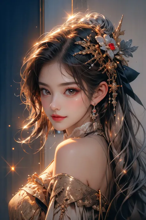 1girl,(bright red lips,blush,powder blusher:0.5),eyelash,black hair,(half updo:0.3),messy hair,make up,beautifully detailed big round dark brown eyes,double eyelid,supermodel,detailed skin,(smile,parted lips),looking at viewer,
huge breasts,off shoulder,(cowboy shot,),choker,
(((gold, silver, glimmer)), faerie),limited palette,contrast,phenomenal aesthetic,best quality,sumptuous artwork,
<lora:cumbersome-block:0.8:lbw=NOFACE>,
masterpiece,best quality,high quality,highres,natural light,ray tracing,volumetric light,realistic,photorealistic,ultra highres,vivid,<lora:add_detail:0.6>,<lora:epi_noiseoffset2:1>,