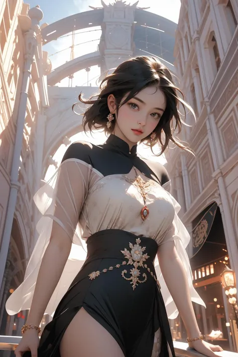 Top quality, 8K, masterpiece, ultra-detailed, ((long elegant hair style)), ((shiny sky)), well-proportioned body shape, looking at viewer, smiling friendly, world-famous beauty, high resolution, medium saturation, Italian princess things