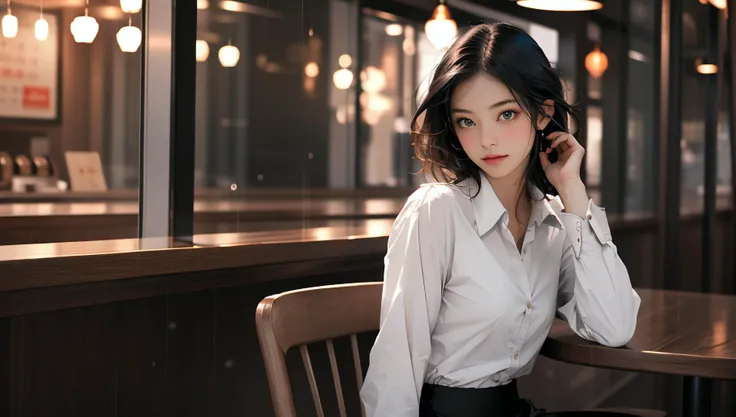 (masterpiece, high quality), cowboy shot, looking at viewer, 
1girl, sitting on a chair, hand on hair, 
soft smile, flirting, pencil skirt, tight button-up shirt, 
in coffeeshop, late night,neon lights, blurry background, rain,
soft black, deep shadow, soothing tones, 
<lora:GoodHands-beta2:1>