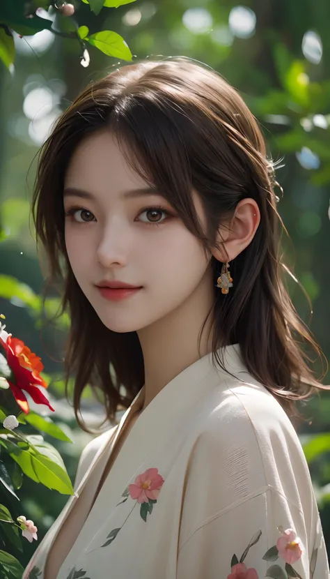 nsfw,masterpiece,best quality,cinematic style,wallpaper,photo-realistic,Cinematic Lighting,incredibly absurdres,extremely detailed,physically-based rendering,High quality texture,Ray tracing,dynamic_angle,cinematic_angle,fashion photography portrait of Chinese Girl with Light hair,lots of flowers,in good-looking world of flowers,symetrical,octane render,35mm,bokeh,hdr,(natural skin texture, hyperrealism, soft light, sharp:1.2),sunlight passing through foliage,smile,