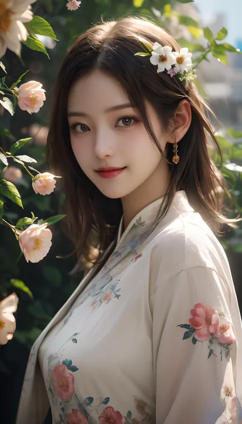 nsfw,masterpiece,best quality,cinematic style,wallpaper,photo-realistic,Cinematic Lighting,incredibly absurdres,extremely detailed,physically-based rendering,High quality texture,Ray tracing,dynamic_angle,cinematic_angle,fashion photography portrait of Chinese Girl with Light hair,lots of flowers,in good-looking world of flowers,symetrical,octane render,35mm,bokeh,hdr,(natural skin texture, hyperrealism, soft light, sharp:1.2),sunlight passing through foliage,smile,
