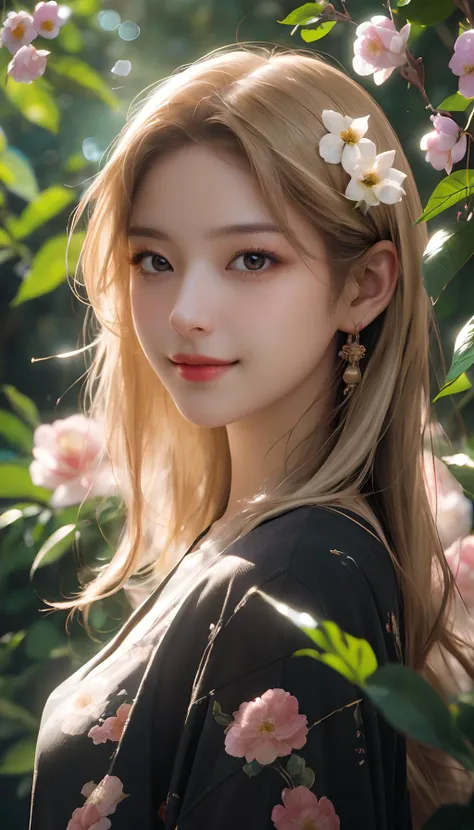 nsfw,masterpiece,best quality,cinematic style,wallpaper,photo-realistic,Cinematic Lighting,incredibly absurdres,extremely detailed,physically-based rendering,High quality texture,Ray tracing,dynamic_angle,cinematic_angle,fashion photography portrait of Chinese Girl with Light hair,lots of flowers,in good-looking world of flowers,symetrical,octane render,35mm,bokeh,hdr,(natural skin texture, hyperrealism, soft light, sharp:1.2),sunlight passing through foliage,smile,