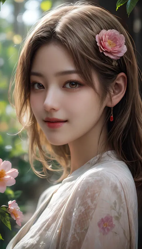 nsfw,masterpiece,best quality,cinematic style,wallpaper,photo-realistic,Cinematic Lighting,incredibly absurdres,extremely detailed,physically-based rendering,High quality texture,Ray tracing,dynamic_angle,cinematic_angle,<lora:add_detail:1>,fashion photography portrait of Chinese Girl with Light hair,lots of flowers,in good-looking world of flowers,symetrical,octane render,35mm,bokeh,hdr,(natural skin texture, hyperrealism, soft light, sharp:1.2),sunlight passing through foliage,smile,