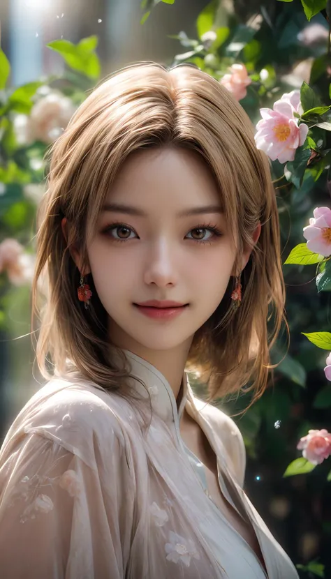 nsfw,masterpiece,best quality,cinematic style,wallpaper,photo-realistic,Cinematic Lighting,incredibly absurdres,extremely detailed,physically-based rendering,High quality texture,Ray tracing,dynamic_angle,cinematic_angle,<lora:add_detail:1>,fashion photography portrait of Chinese Girl with Light hair,lots of flowers,in good-looking world of flowers,symetrical,octane render,35mm,bokeh,hdr,(natural skin texture, hyperrealism, soft light, sharp:1.2),sunlight passing through foliage,smile,