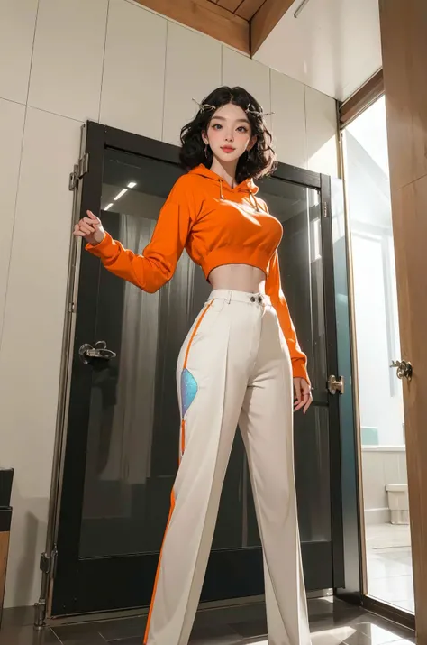 (from_below:1.4), (wide_shot, full_body:1.333), (25 age old korean woman), (short torso,long legs,slim waist,naturally sagging breasts:1.3), fit, Farmhouse Style Bathroom with Clawfoot Bathtub and Shiplap Walls, Standing on a rooftop, arms raised, celebrating a moment of triumph.,(Red and Orange Classic Finger Waves with Gem Hairpin hair:1.2), Lip gloss, Dismayed, Elephant Seal Eyes, Sizes M to Z breasts, wearing Ruffled top with Holographic iridescent hoodie with interactive patterns,Light through a prism or crystal for interesting reflections (Prism Reflections)., (masterpiece, best quality, realistic, photorealistic, highres:1.4),