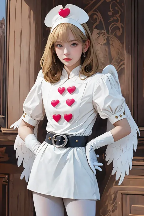 masterpiece, best quality, solo,1girl,looking at viewer,
 robina, gloves, blond hair, white wings, white pantyhose, upper body,, hands on hips,Disneyland,Cinderella Castle,
 <lora:robina:0.7>