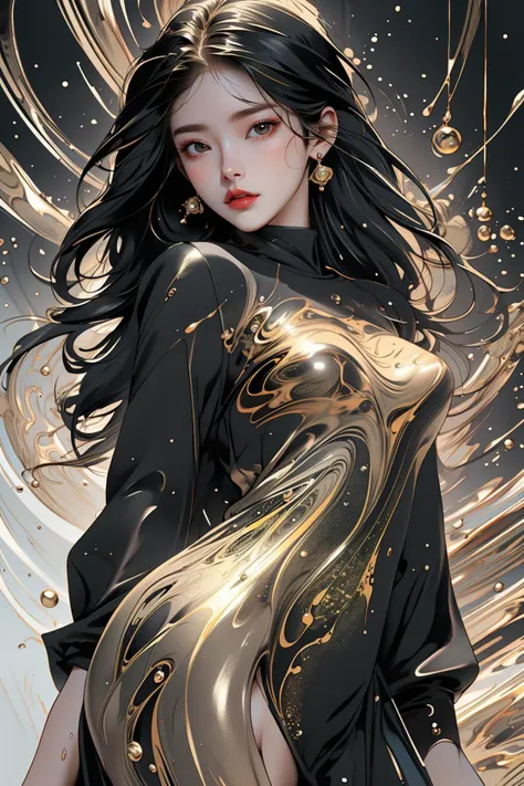 (masterpiece, best quality, official art, beautiful and aesthetic),1 girl stands in black and gold fluid,half naked,looks at viewer,black and gold thick liquid,floating blond long (wet hair),asphalt drops,precise facial structure,Gradient white fluid,organic feel,viscous,shiny gel,bubbles,cowboy shot, (zentangle:1.2),(fractal art:1.3),shiny oild skin, wet,
<lora:blackgold:0.9>